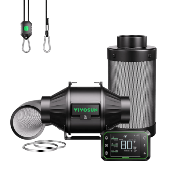 Smart Air Filtration Kit Pro 4″, AeroZesh T4 Inline Fan with E42A Temp. Humidity WiFi Controller, Carbon Filter & Ducting Combo