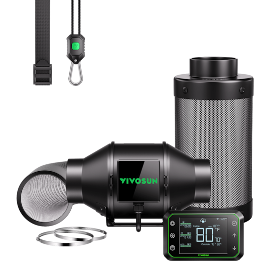 Smart Air Filtration Kit Pro 4″, AeroZesh G4 Inline Fan with E42A Temp. Humidity WiFi Controller, Carbon Filter & Ducting Combo