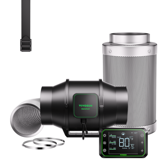 Smart Air Filtration Kit Pro 6″, AeroZesh S6 Inline Fan with E42A Temp. Humidity WiFi Controller, Carbon Filter & Ducting Combo