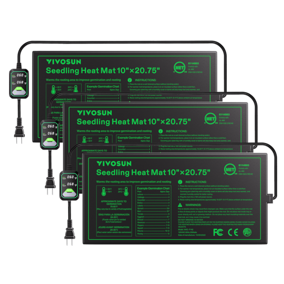 Seedling Heat Mat with Dual Digital Display Thermostat, 10" x 20.75" Black Warm Hydroponic Heating Pad for Seed Germination, 3 Pack