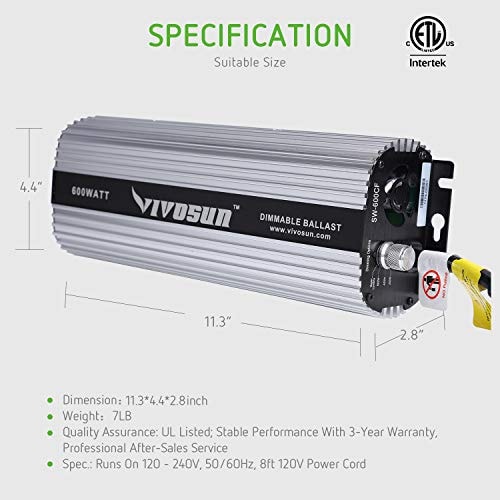 VIVOSUN Hydroponic 600 Watt HPS Grow Light Air Cooled Reflector Kit 