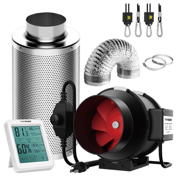 VIVOSUN 6 Inch 440 CFM Inline Fan with Speed Controller 6 Inch Carbon Filter and 8 Feet of Ducting Combo 1-Pair 1/8 inch 8ft Adjustable Rope Hanger 