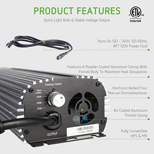 VIVOSUN Hydroponic 600w HPS Grow Light Air Cooled Reflector Kit Enhanced Version 