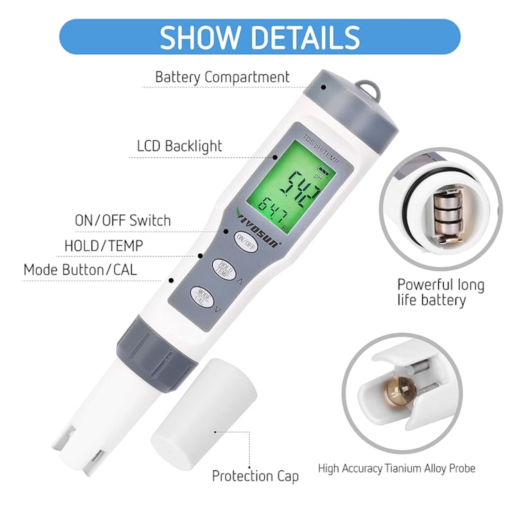 VIVOSUN 3-in-1 Digital pH Meter with ATC, pH Accuracy Water Quality Tester, 0-14.0 pH Measurement Range for Hydroponics, Household Drinking, Pool Aquarium