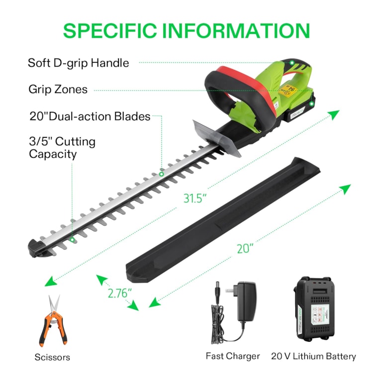 20 Cordless Hedge Trimmer, 20V Electric Bush Trimmer, 1400 RPM Shrub Trimmer, Dual-Action Laser Blade, 3/5 Cutting Capacity, Lightweight & Compact