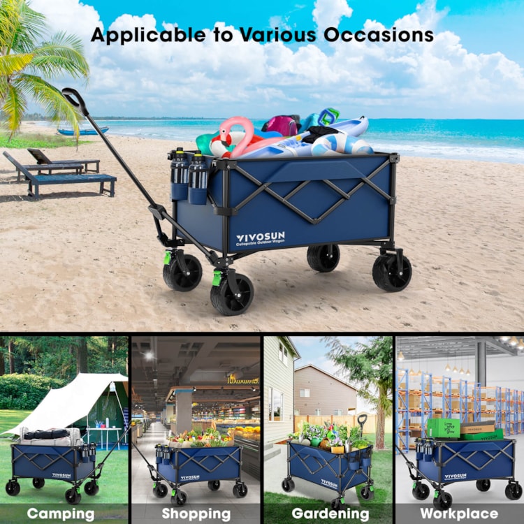 VIVOSUN Folding Collapsible Wagon Utility Outdoor Camping Beach Cart with  Universal Wide Wheels & Adjustable Handle, Blue