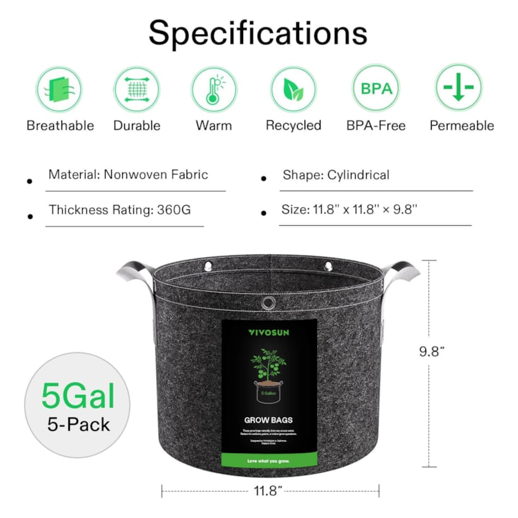 5 Gallon Grow Bags 5-Pack Black Thickened Nonwoven Fabric Pots with  Handles, Multi-Purpose Rings