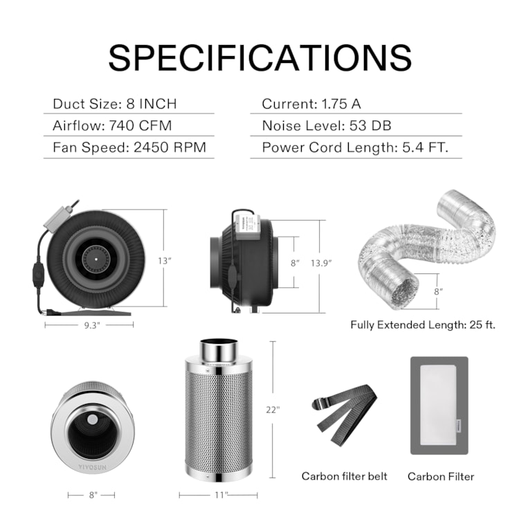  VIVOSUN Air Filtration Kit: 8 Inch 740 CFM Inline Fan