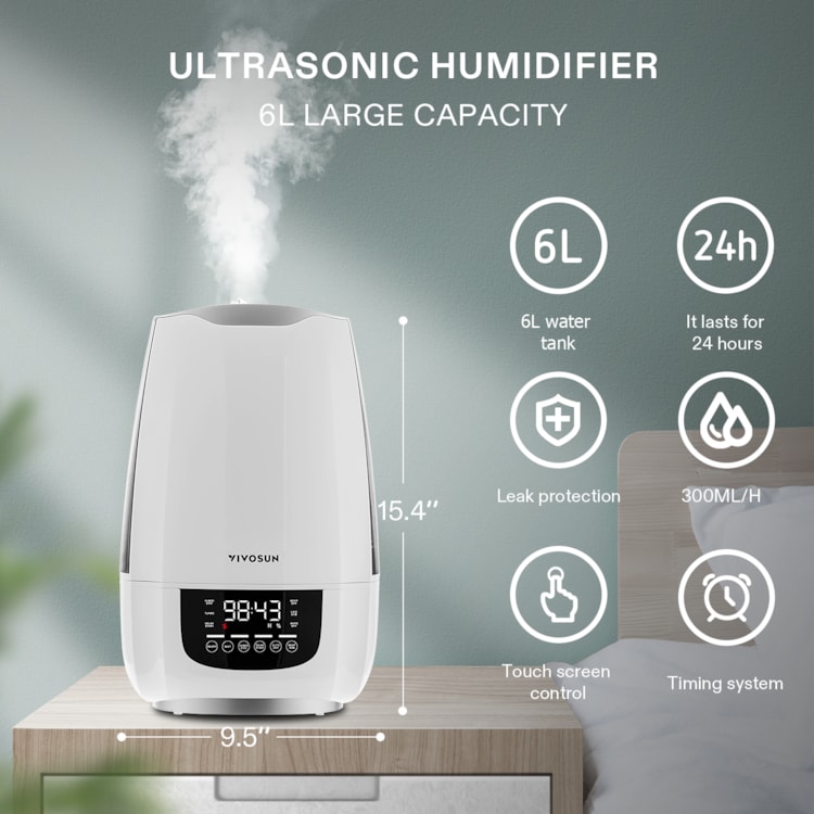 VIVOSUN Cool Mist Humidifier, 6L Quiet Ultrasonic Humidifier for Bedroom  (Customized Humidity, Remote Control, Sleep Mode & Auto Shut Off, 360°  Nozzle)