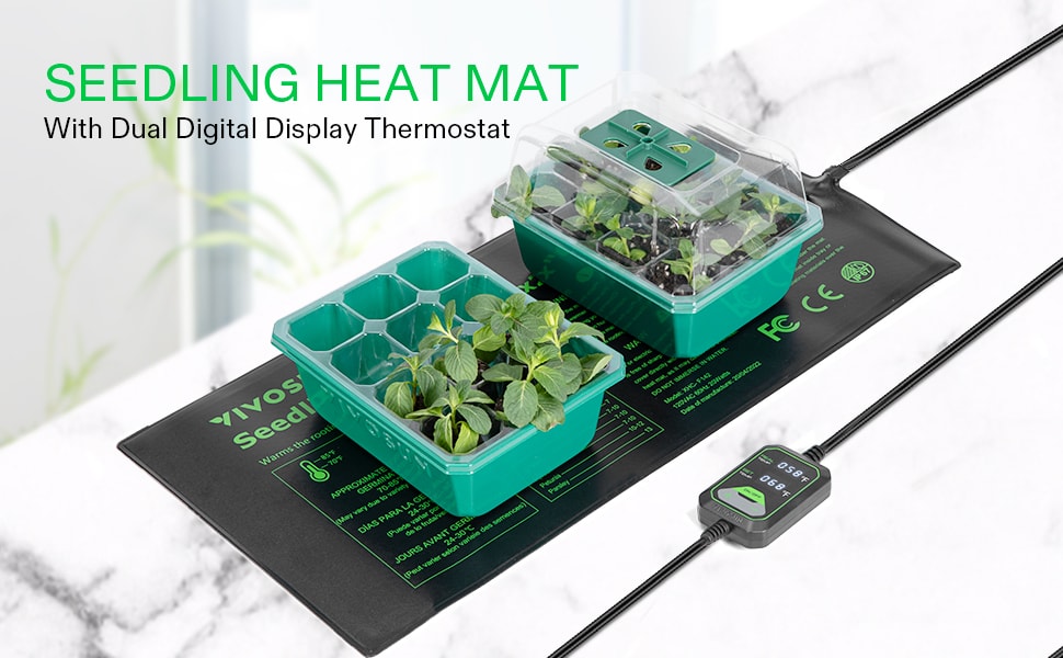 Seedling Heat Mat with Dual Digital Display Thermostat, 10 x 20.75 Black  Warm Hydroponic Heating Pad for Seed Germination