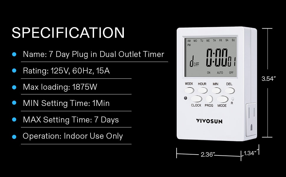 VIVOSUN 7Day Plugin Dual Outlet Timer with LCD Display New Version