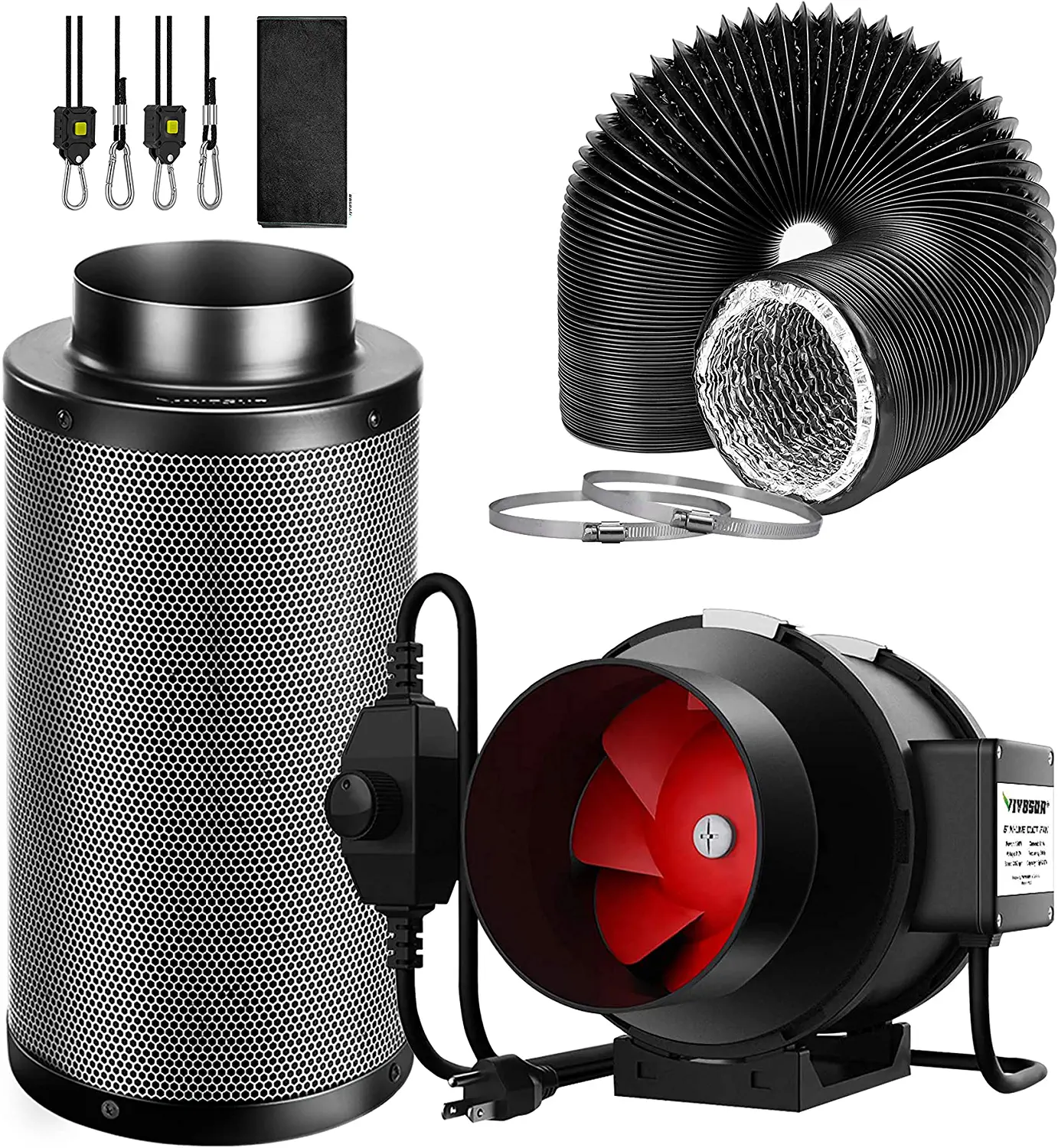VIVOSUN 6-Inch 390 CFM Inline Duct Fan Kit with Black Carbon Filter and Black Ducting