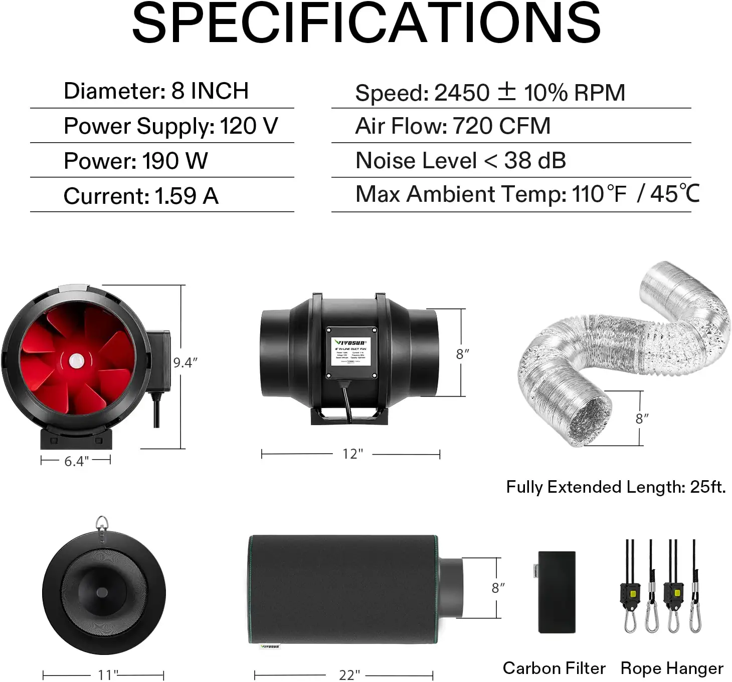 Air Filtration Kit R8 8″, Inline Fan R8 with Variable Speed Controller, Carbon Filter & Ducting Combo
