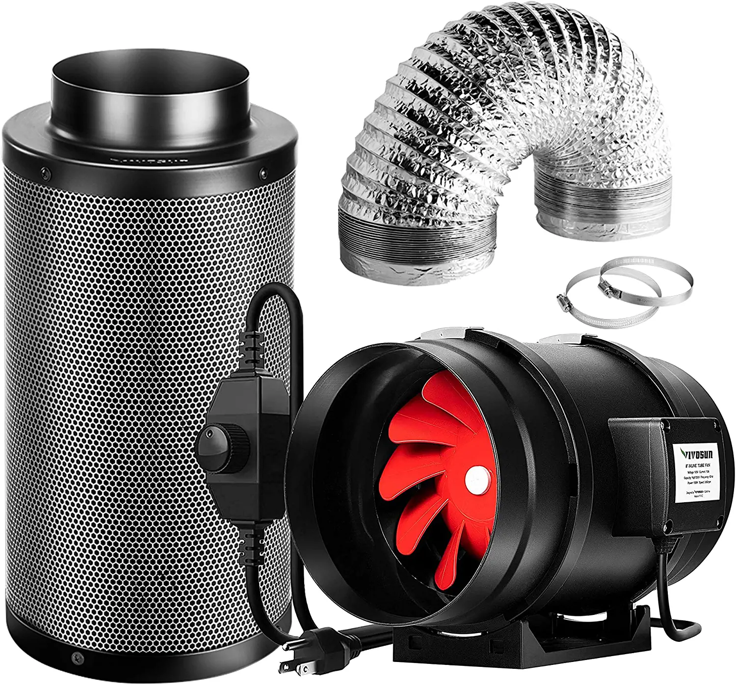 VIVOSUN 8-Inch 720 CFM Inline Duct Fan Kit with Black Carbon Filter and Ducting