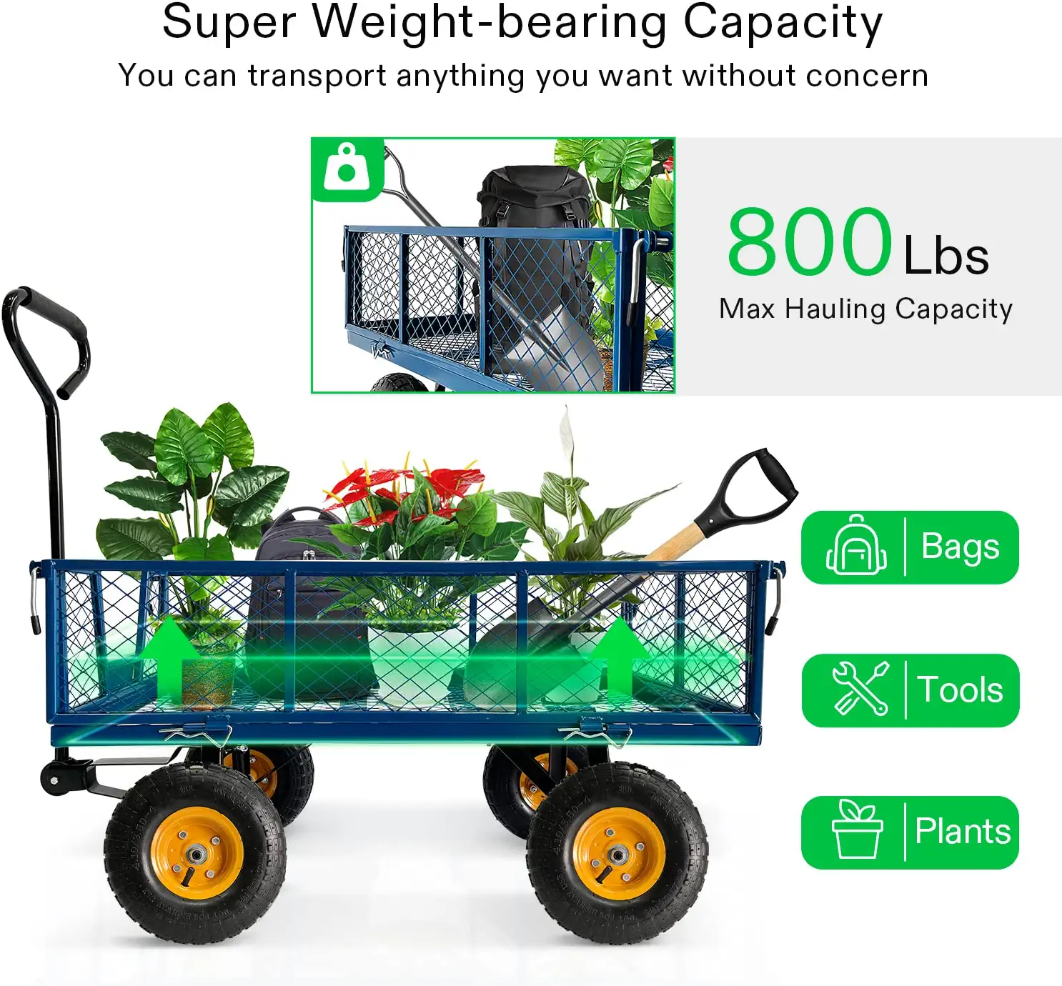 Farms and Ranches Green Steel Utility Garden Wagon with Removable Sides and 10 Pneumatic Tires for Outdoors Lawns 800-Pound Capacity Yards VIVOSUN Heavy-Duty Steel Garden Cart 