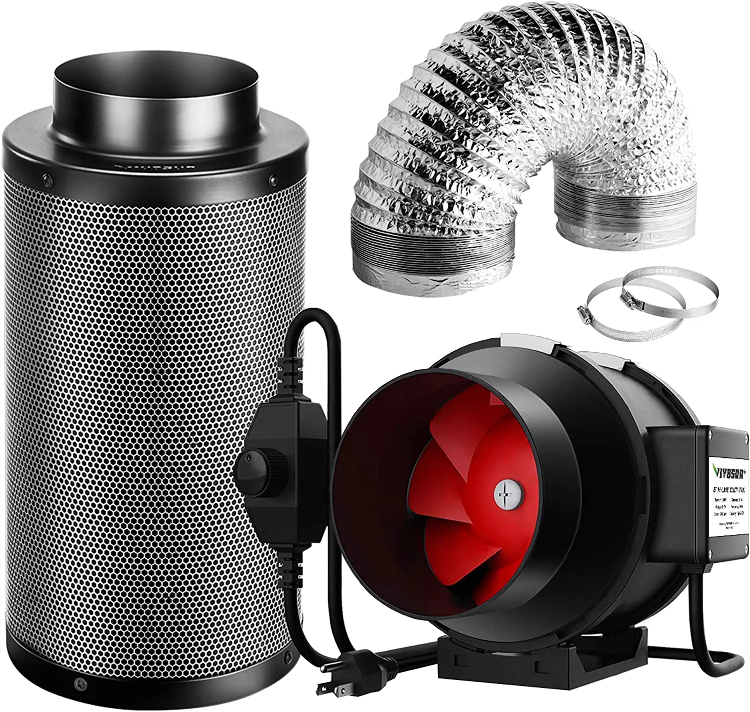 VIVOSUN 6-Inch 390 CFM Inline Duct Fan Kit with Black Carbon Filter and Ducting