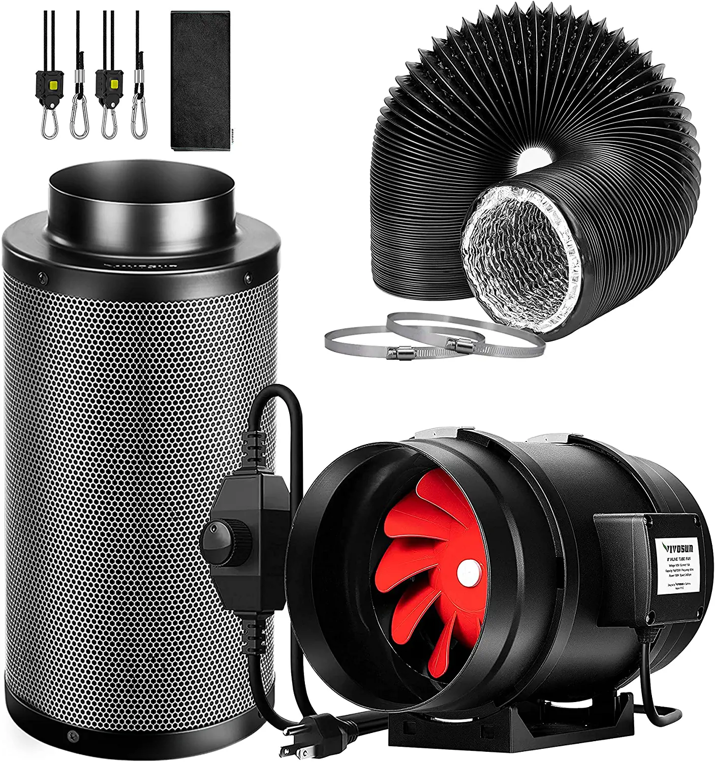 VIVOSUN 8-Inch 720 CFM Inline Duct Fan Kit with Black Carbon Filter and Black Ducting