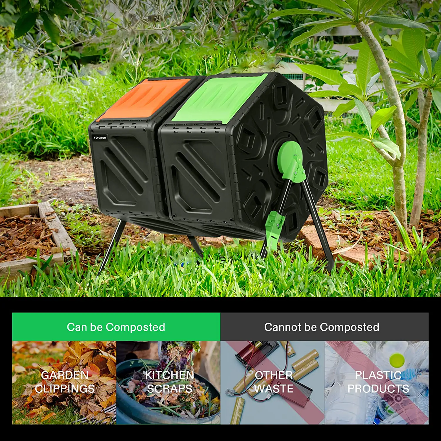 VIVOSUN Dual Chamber Tumbling Composter, 2X 18.5 Gallon Compost Bin, Heavy-Duty Compost Tumbler w/Sliding Door, Lockable Brake and Rotating Design, Outdoor