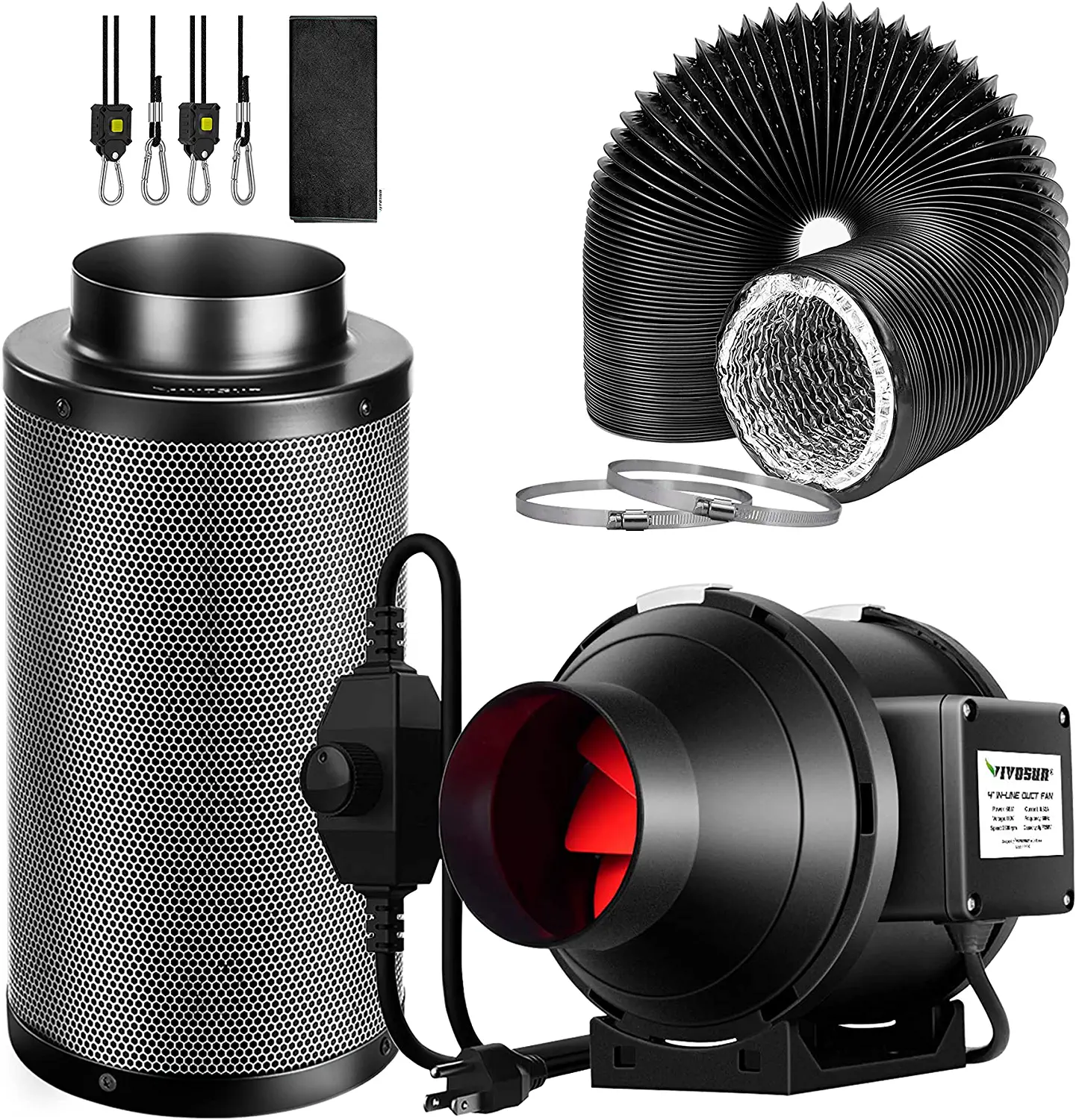 VIVOSUN 4-Inch 190 CFM Inline Duct Fan Kit with Black Carbon Filter and Black Ducting