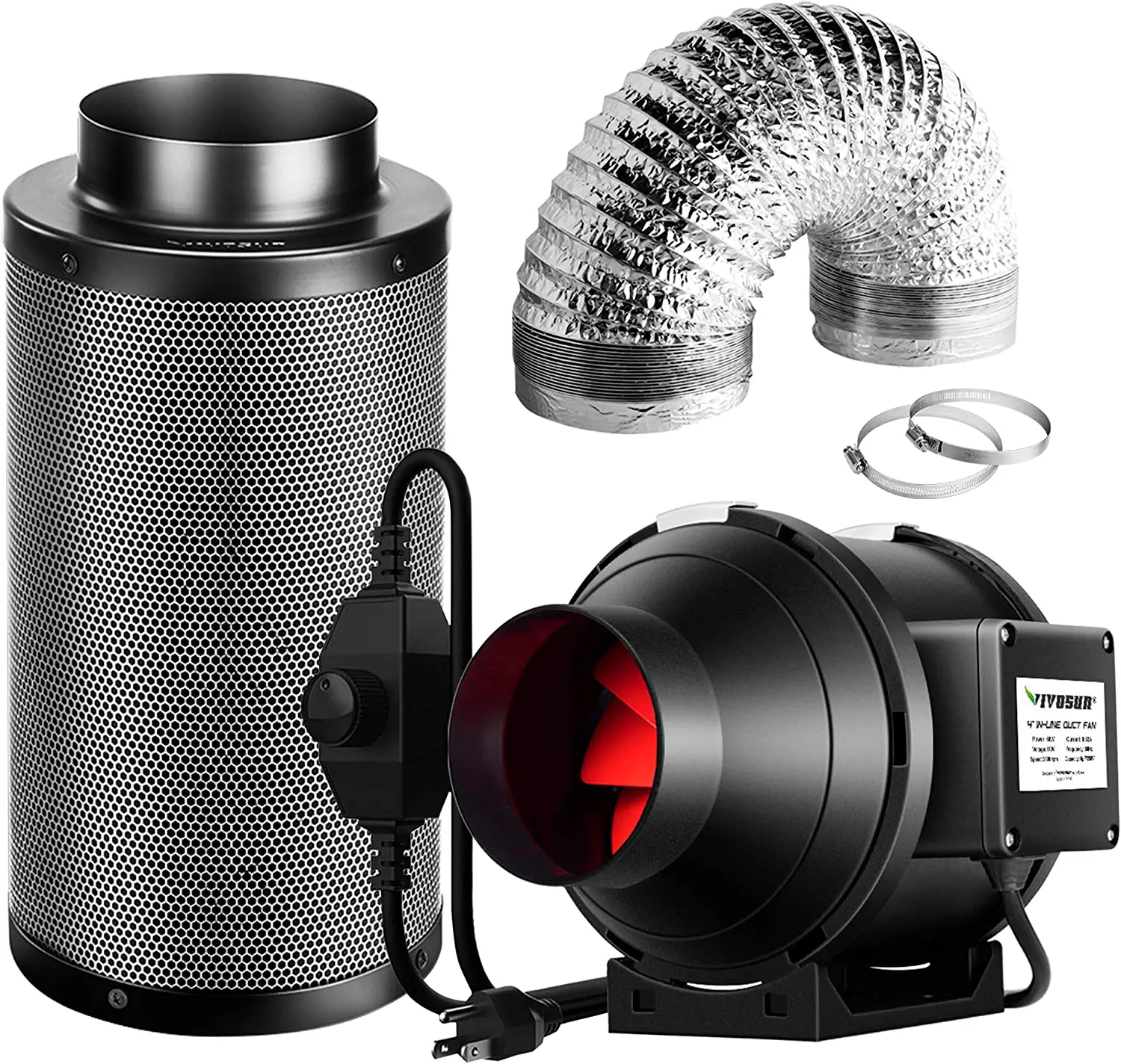 VIVOSUN 4-Inch 190 CFM Inline Duct Fan Kit with Black Carbon Filter and Ducting