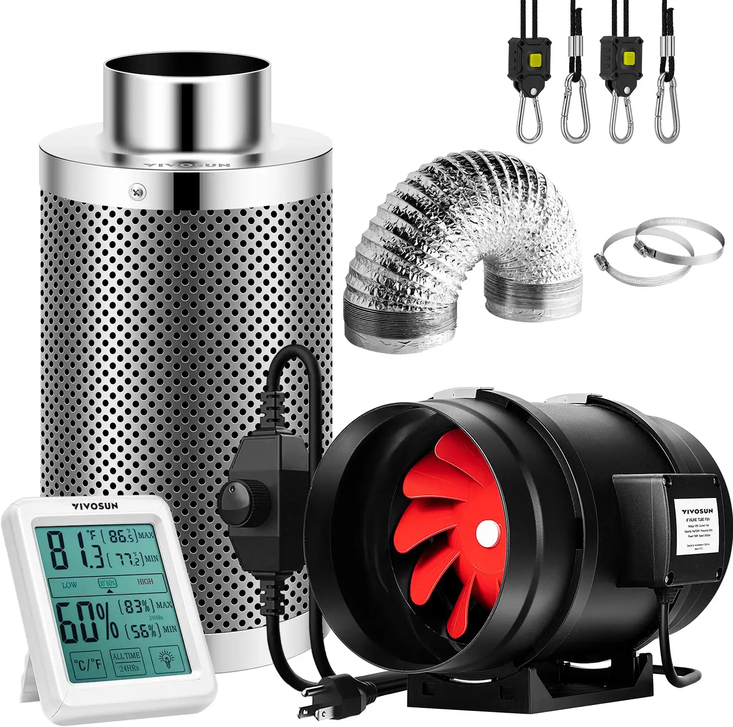 VIVOSUN 8-Inch 720 CFM Inline Duct Fan Kit with Carbon Filter, Thermometer, and Ducting